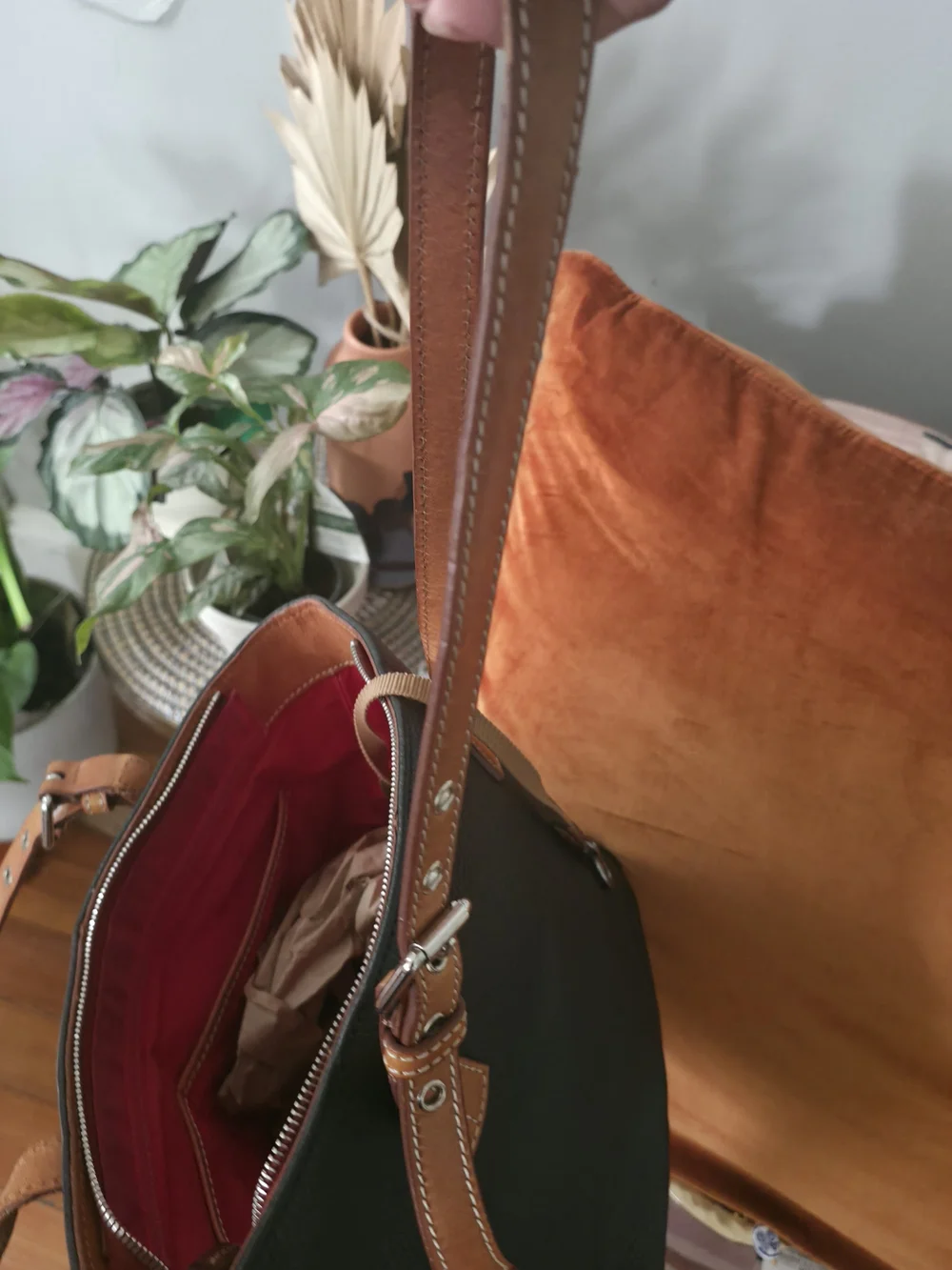 Dooney & Bourke Black Pebbled Leather Tote with Brown Straps